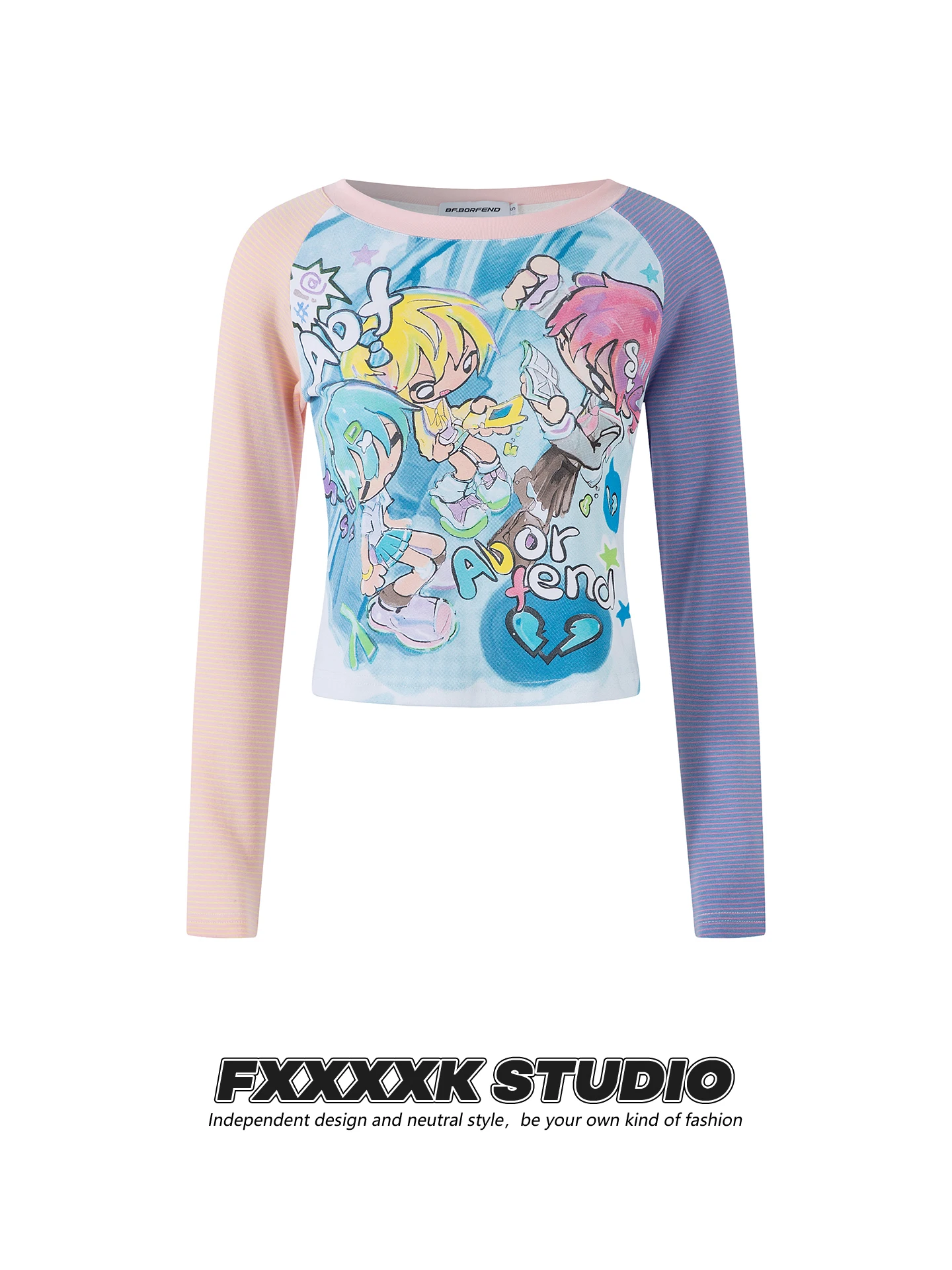 

Оригинальная асимметричная футболка с длинными рукавами в стиле Y2K Subculture Doodle для девочек, летний топ из смеси хлопка и полиэстера в уличном стиле