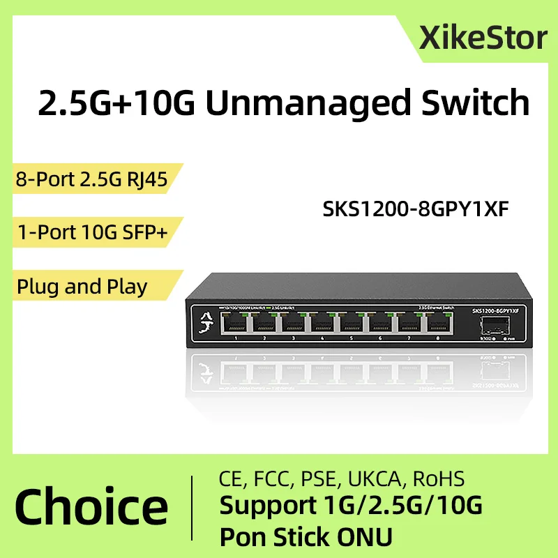 

XikeStor 8-портовый 2,5G Ethernet-коммутатор BASE-T Сетевой коммутатор 10 Gigabit Uplink Plug and Play Hub Интернет-сплиттер Безвентиляторный