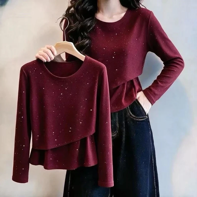 Fake Two-piece Long Sleeve Simplicity Street Casual Tops Spring Autumn New O-neck Harajuku T Shirts Fashion Trend Women Clothing