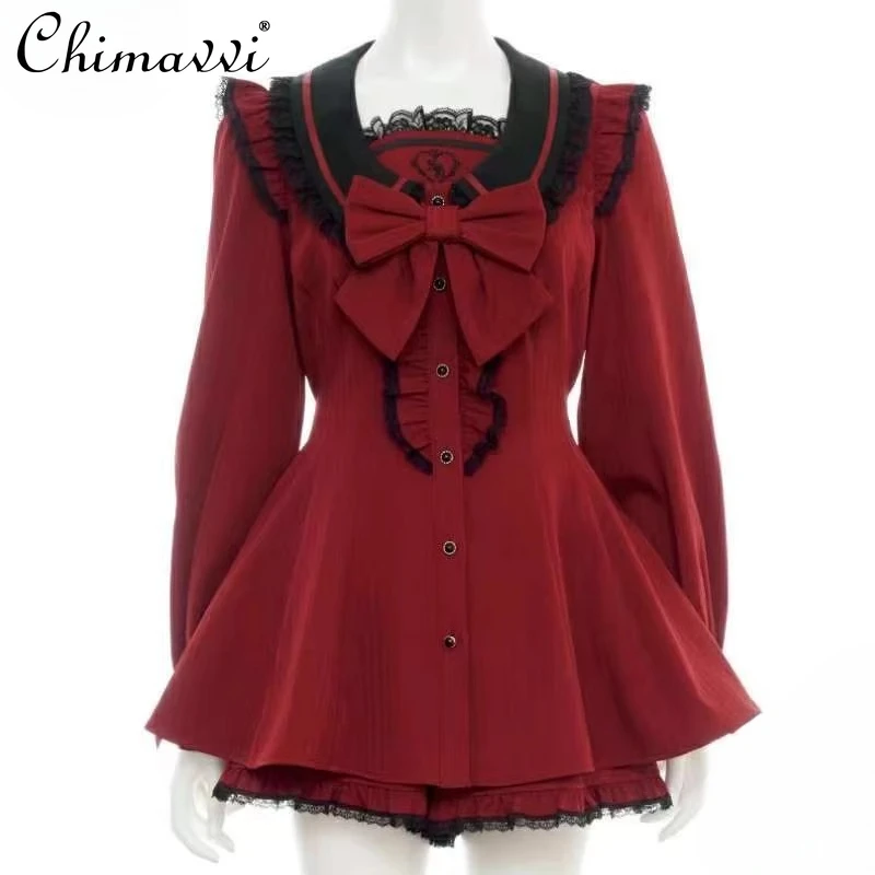 

Японский комплект платьев SC, осенний новый милый комплект в полоску в стиле ретро для девочек, топ в стиле Лолиты массового производства + шорты, женский комплект из двух предметов