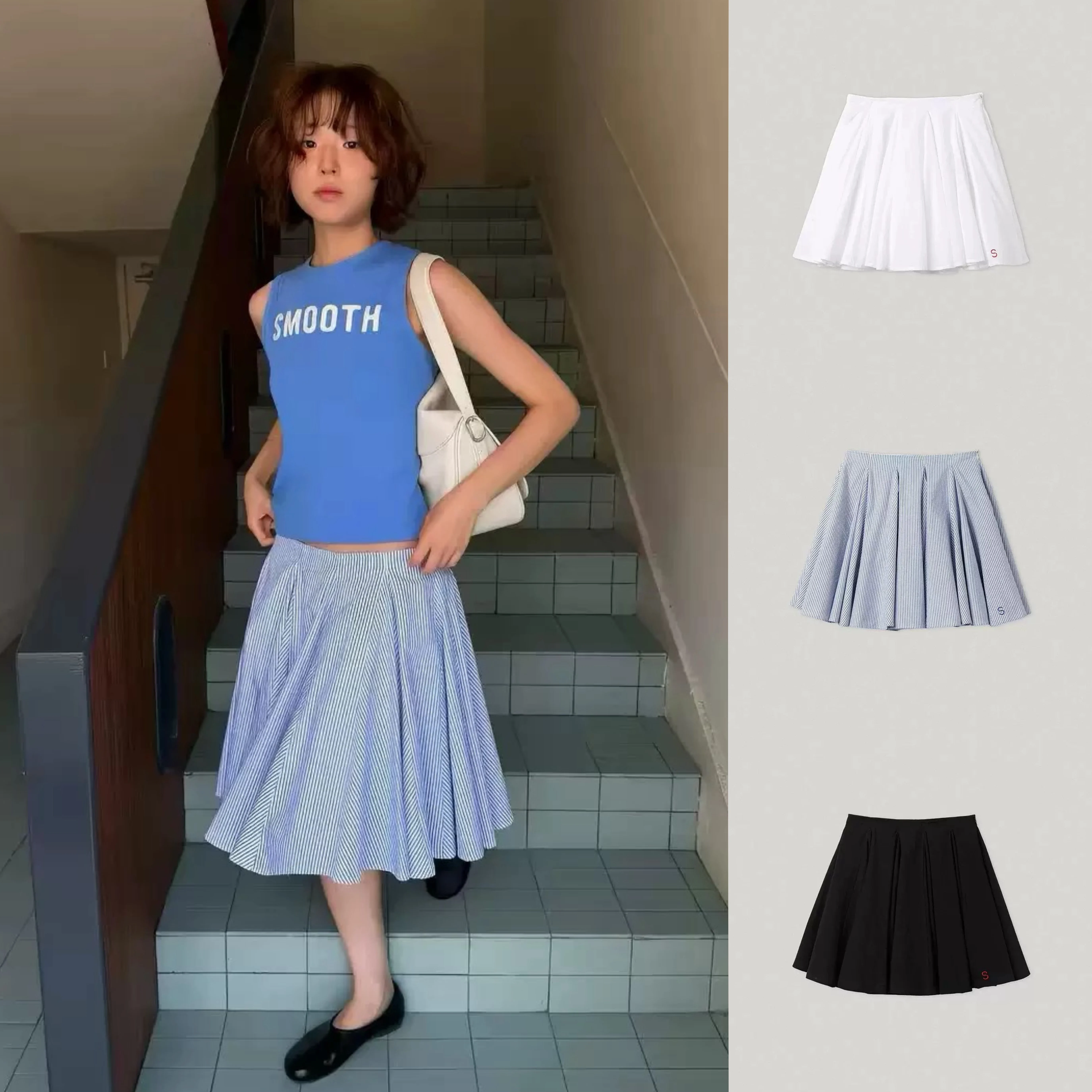 

Smoothmood Li Jin Hua Embroidered Pleated Casual Stripe Black White Large Skirt Mid-length A-line High-waist Women's Skirt