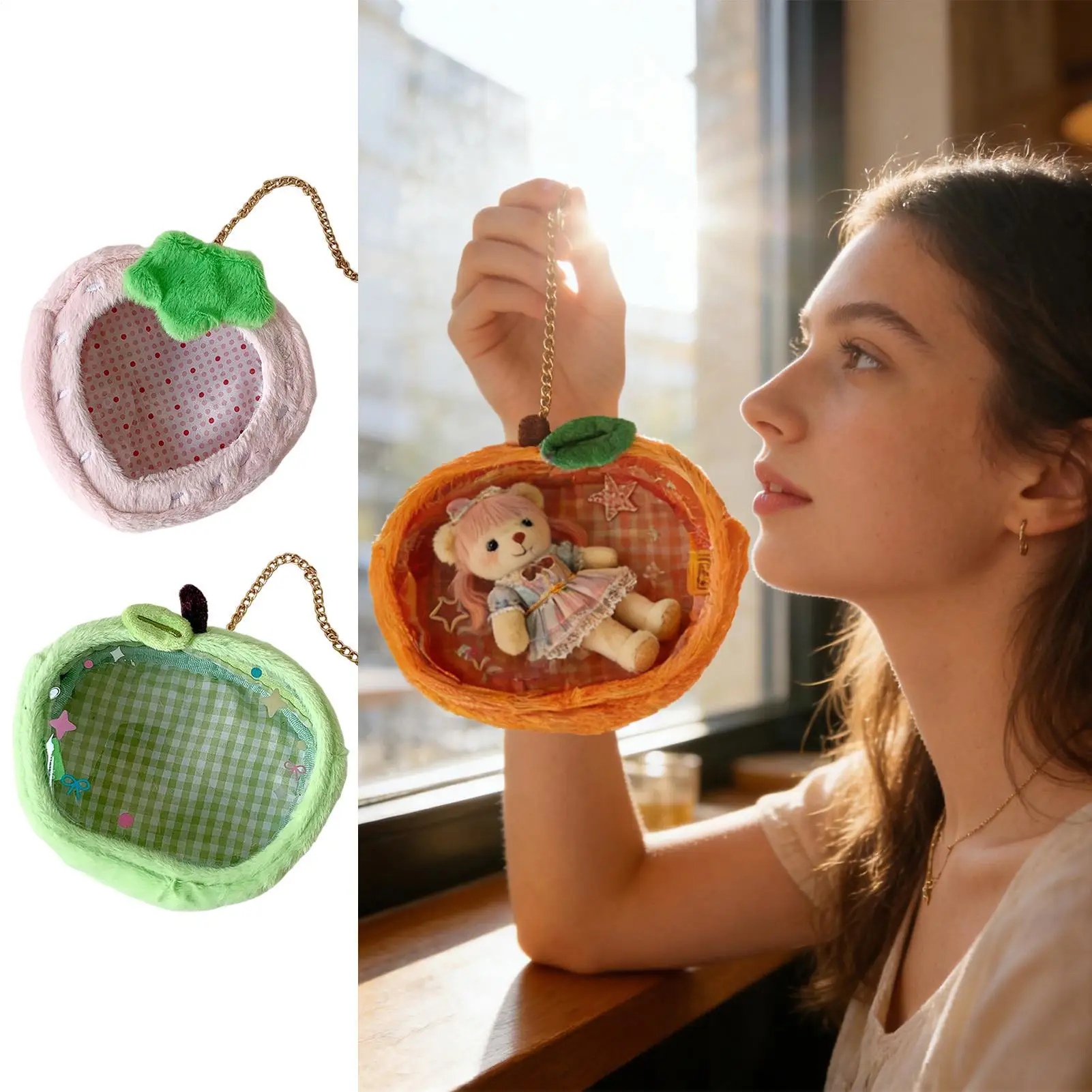 

Clear Fruit Shape Plush Doll Storage Bag See Through Organizer Pouch for Kids Girls Toy Display Birthday Christmas Gift Bag