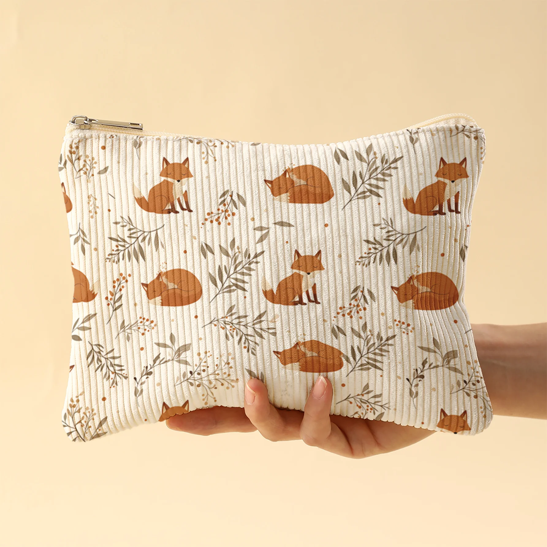 Corduroy Makeup Bag 2D Printed Fox and Branch Leaves Pattern Smooth Zipper Fits Foundation Eyeshadow