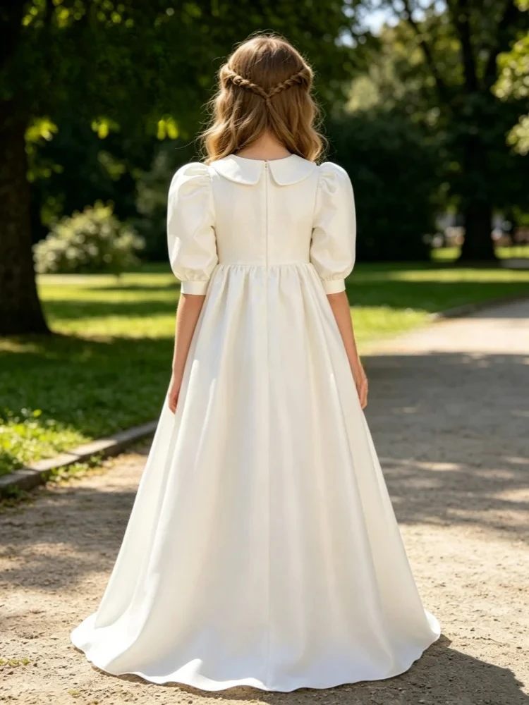 Girl Gown Ivory Flower Girl Dress Wedding Doll Collar Satin Half-Sleeve First Communion Birthday Party Customizable Dress