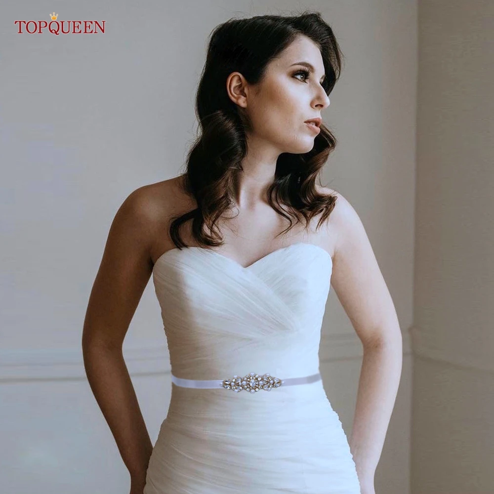 TOPQUEEN الزفاف حزام ملابس الزفاف الفضة الراين ثوب كريستال الزفاف وشاح المرأة اللؤلؤ زين حزام فساتين السهرة