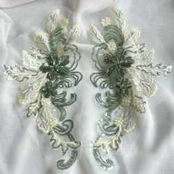 1 Pair Blue Green Flower Sequins Embroidered Patches For Clothing Accessories Applique DIY Sewing Patch Dress Repair Crafts