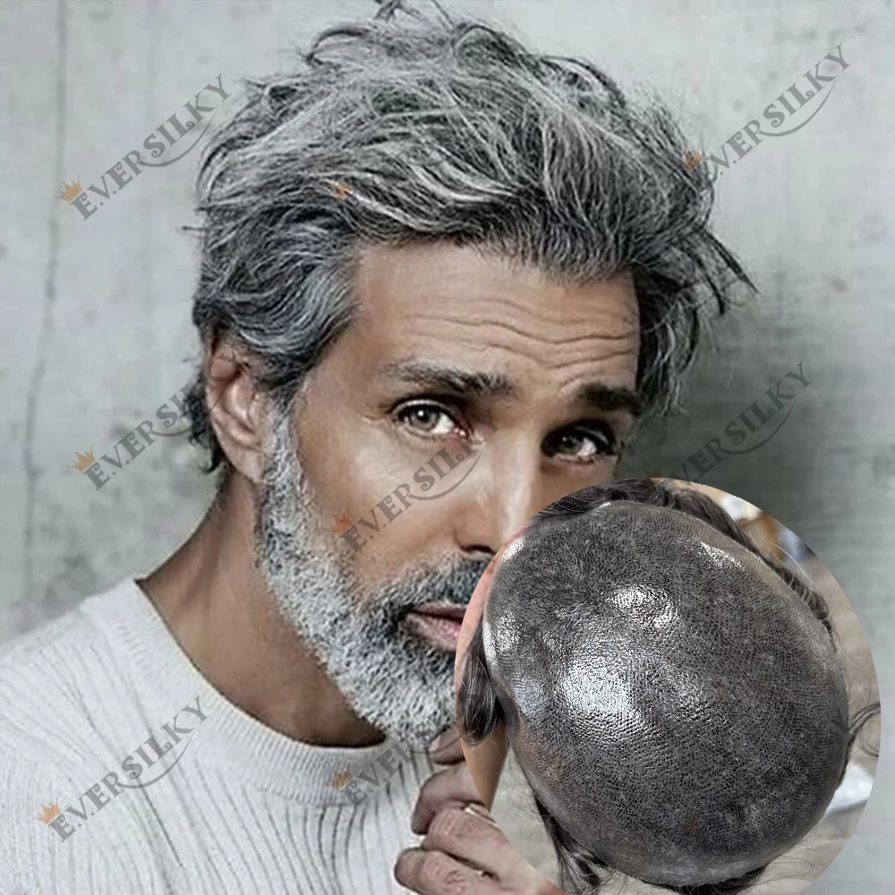 Undetectable Grey 1B80 1B65 Male Wig Durable 100% Human Hair Old Men Toupee Natural Hairline Thin Skin PU Man Capillary Prosthes
