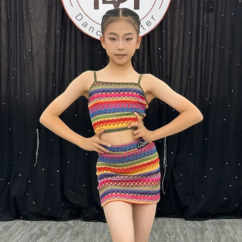 Vestito da ballo latino colorato Ragazze estive Sling Top Gonna avvolgente Set ChaCha Rumba Abiti da pratica Abbigliamento da ballo per bambini 3765