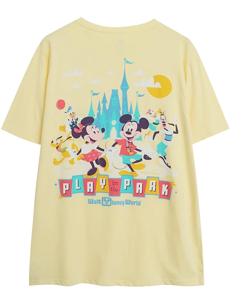 Disney World Castle Anniversary Mickey Mouse Cartoon Print Embroidery T-Shirt Fashion Women O-Neck Pullover Short Sleeve Tee Top