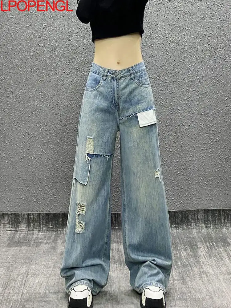 

Women's Spring Patchwork Pockets Frayed Statement Vintage Button Jeans New High-waisted Loose Streetwear Straight Wide-leg Pants