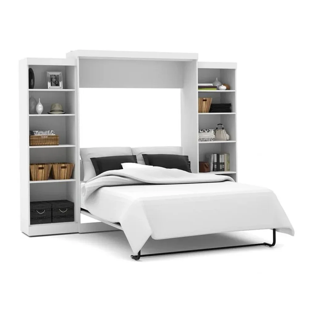 Custom Small Apartment Hotel Furniture Queen Size Folded to Wall Wooden Cabinet Bed With Storage Shelves and Wardrobe Murphy Bed