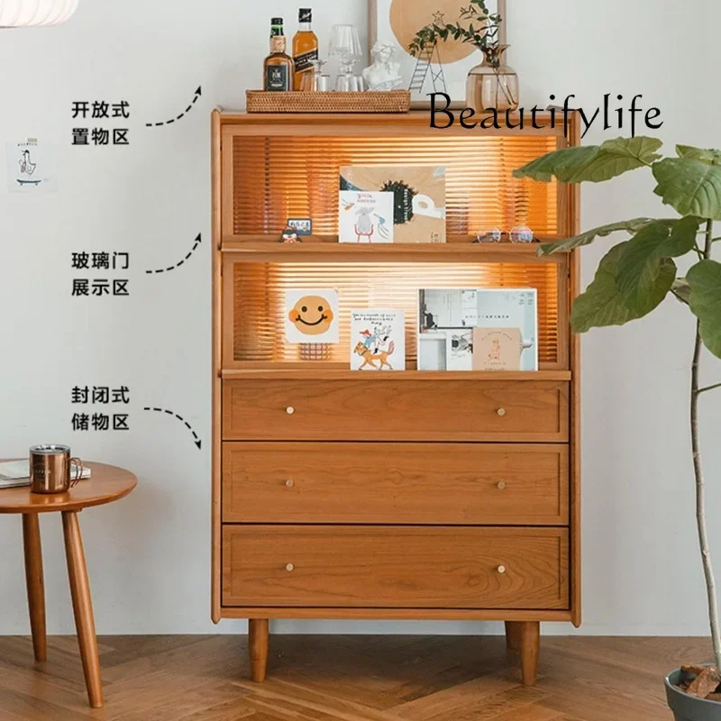 X35 Simple Solid Wood Living Room Storage Five Buckets Kitchen Cupboard Nordic Shelf Cherry Wood Sofa Side Cabinet