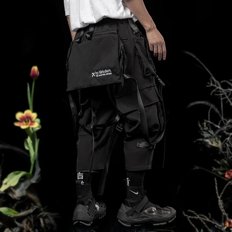 

Punk Techwear Cargo Pants Big Pockets Ribbons Oversized Hip Hop Black Pants Joggers Streetwear Harajuku Loose Harem Trousers