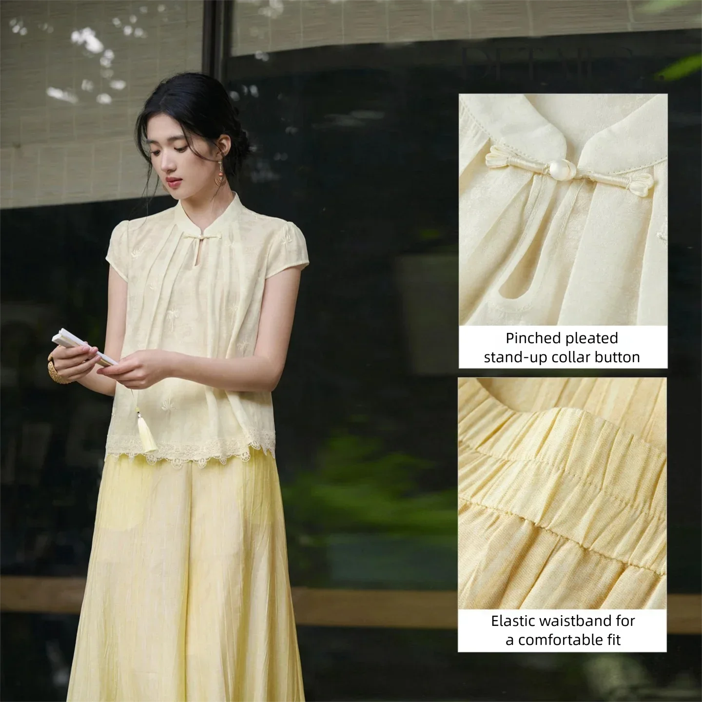 SENTUBILA Baggy Skirt Pant Summer Sets 2 Piece Woman Outfits 2026 Jacquard Embroidery Lace Chiffon Blouse Long Pants 162ZJ5807Z