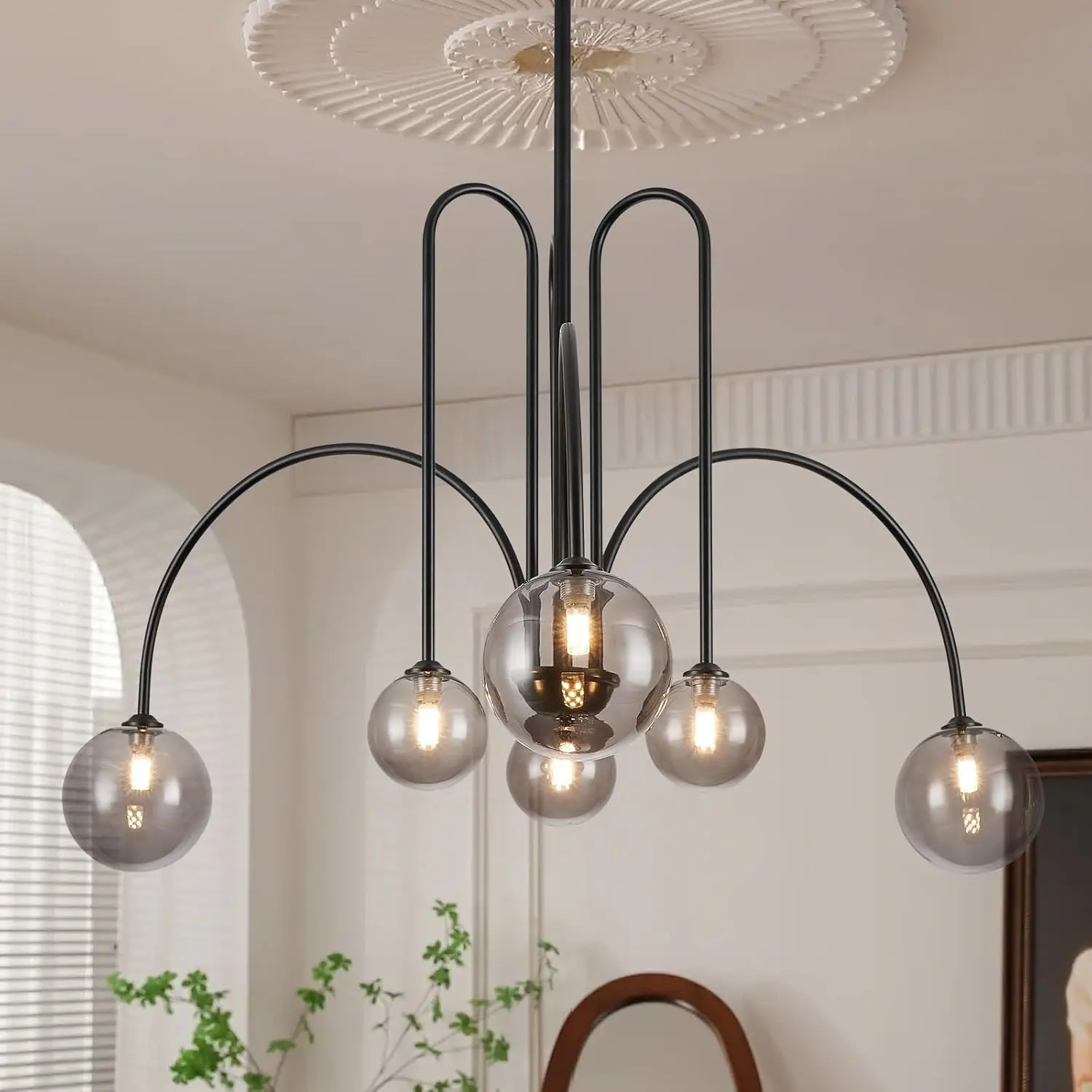 Sputnik Chandelier Mid Century Modern Globe Linear Pendant Light White/Smoke Gray Glass Globe Round Chandelier Kitchen Island