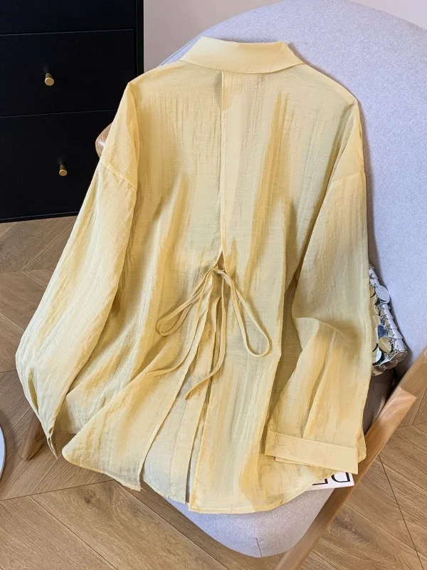 日焼け止めアイスシルク女性のシャツ夏軽量長袖ポロ襟カジュアルアウター半透明ファッション通勤