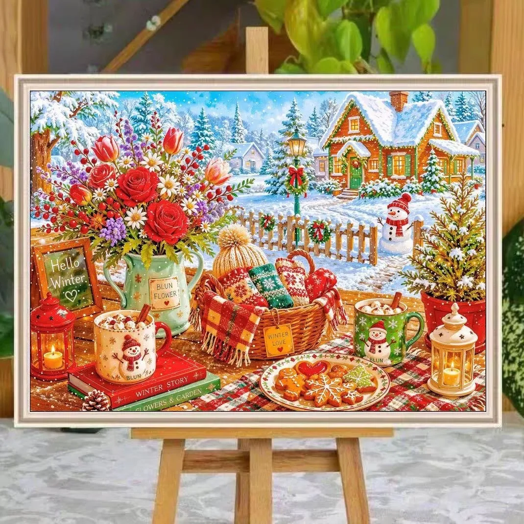 9CT 14ct Winter Printed Kits Cross Stitch Embroidery DIY Needlework Set Crafts With Needles Threads 65 Colors