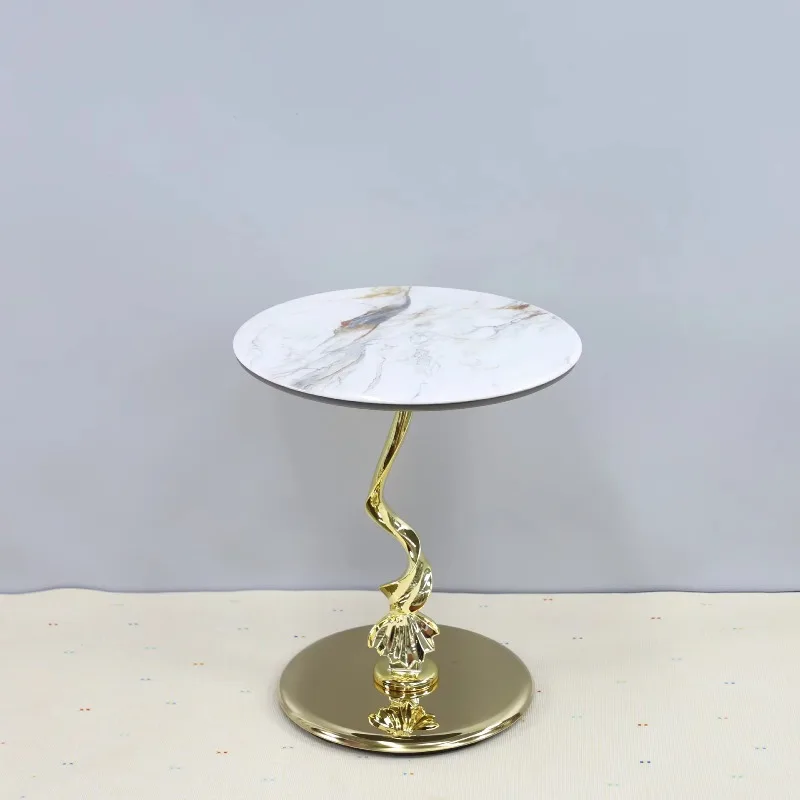Modern Luxury Round Metal Side Table, Sintered Stone Top End Table for Small Apartment Living Room Sofa Balcony