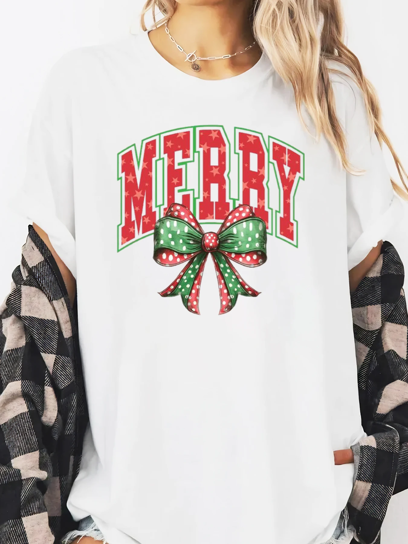 메리 크리스마스 리본 프린트 긴팔 티셔츠 여성 휴일 캐주얼웨어 화이트 플러스 사이즈