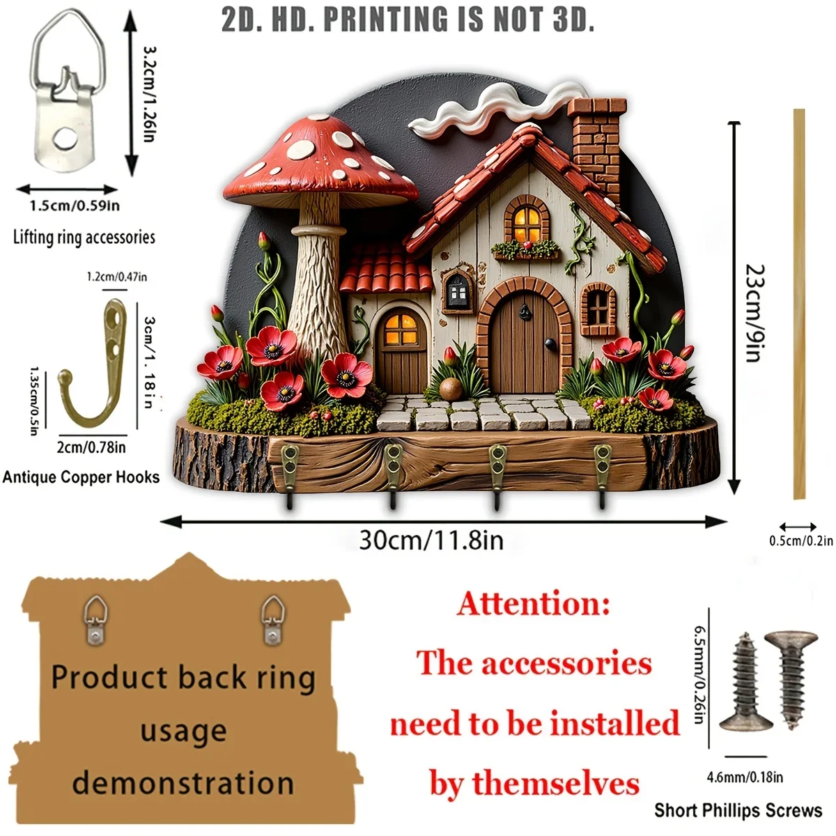 2D Flat, 1pc, Fairy Tale Mushroom House Theme Style Key Hook Wooden Multifunctional Home Key Hanger, Comes with Four Metal