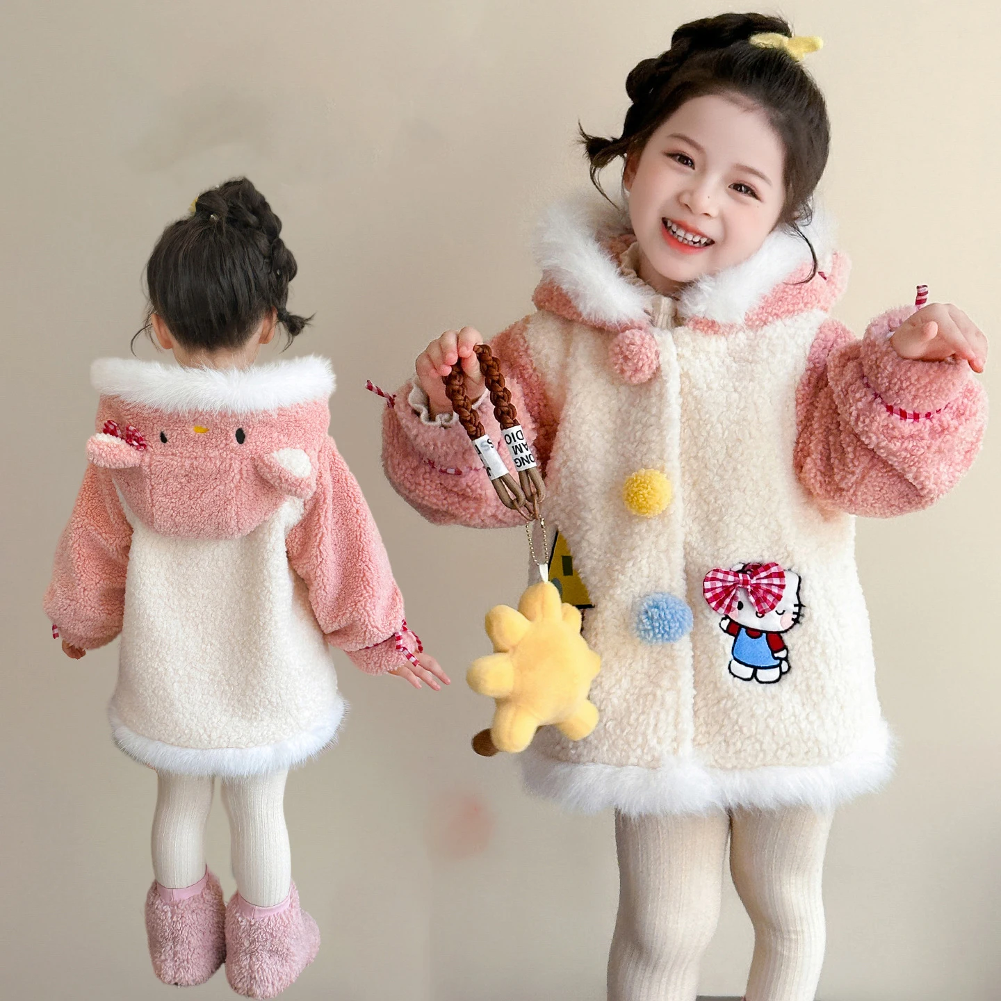 

Хлопковое пальто Hello Kitty Sweet Lolita для девочек, зимняя теплая куртка Kawaii, утепленная верхняя одежда, пальто принцессы на флисовой подкладке с капюшоном