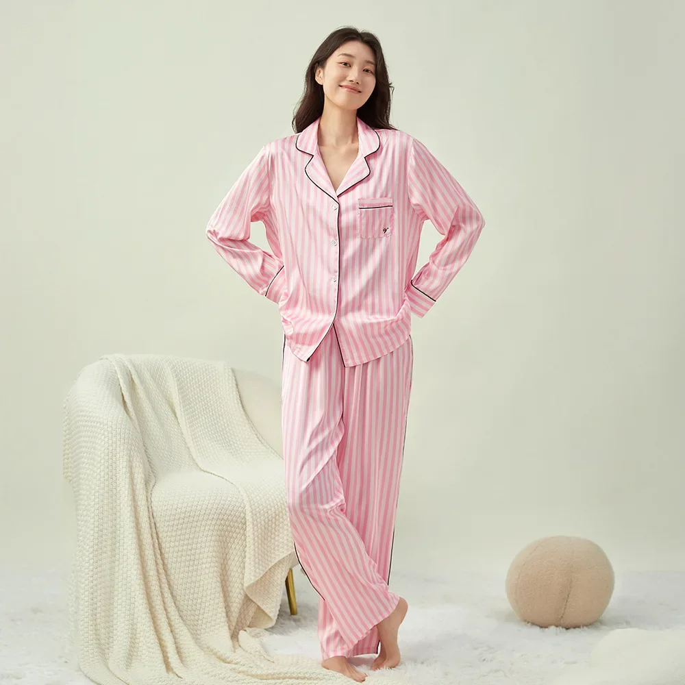 Secret new lapel long-sleeved pink striped ice silk pajamas women\'s loungewear sweet suit pijamas inverno feminino pajama пижама