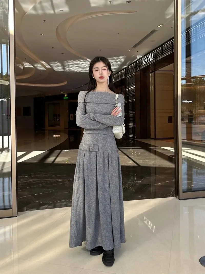 Spicy Girl Fashion Slash Neck Knitwear Pleated Skirt Two-piece Set Women Bow Splice Off Shoulder Solid Slim Gentle Autumn Wear