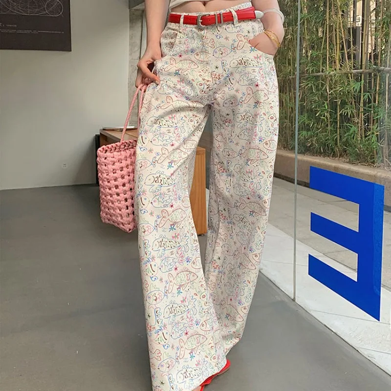 Women's Spring Summer Cute Cartoon Fish Print Wide Leg Jeans Lady Casual High Waist Loose Straight Long Jeans