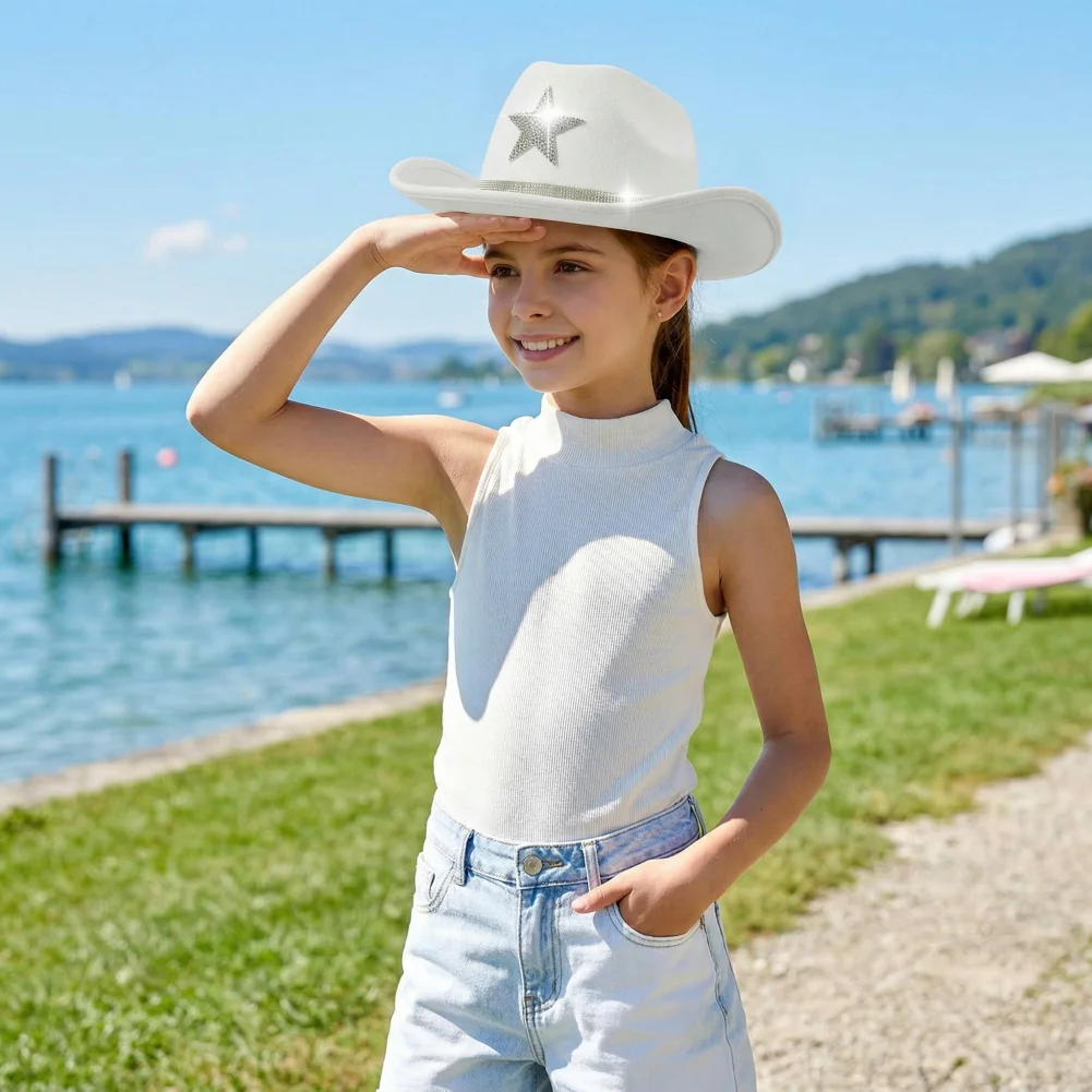 

Children Party Hat Kids Cowboy Hat with Sparkling Rhinestone Stars Lightweight Wide Brim Cap Comfortable Festival for Kids