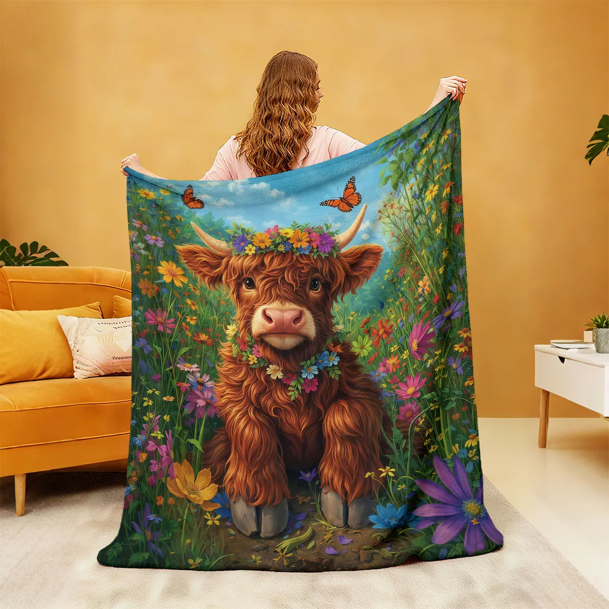 1pc Floral Highland Cow Print 230 Flannel Blanket In Multiple Sizes, Soft And Comfortable, Machine Washable Cover Blanket