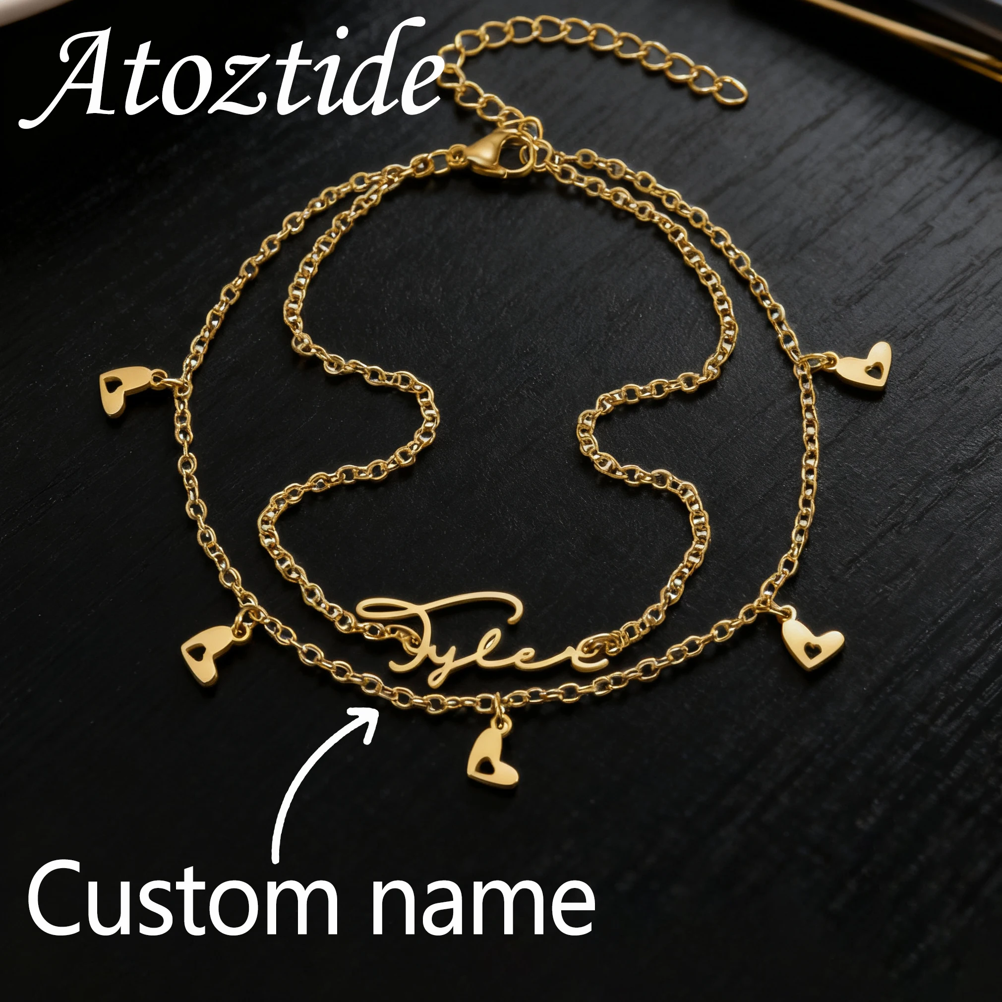 Atoztide اسم مخصص سوار 2 طبقة القلب مجوهرات من صلب لا يصدأ للنساء اليدوية ربط سلسلة شخصية هدية عيد الميلاد #1