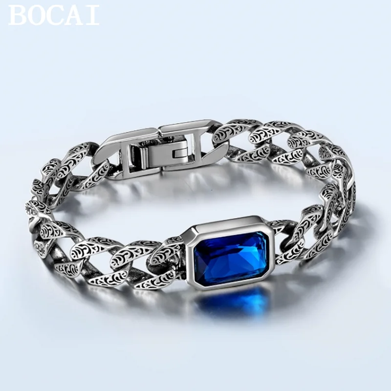 

BOCAI NEW S925 Sterling Silver Vintage Fashion Cuban Chain Tang Grass Pattern Bracelet Men's And Women's Gifts