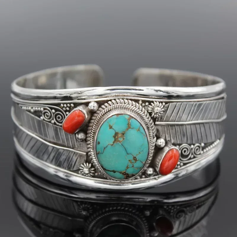 Vintage Turquoises Jewelry Imitation Natural Stone Bracelets Elegant Open Adjustable Cuff Bangles for Women Men Party Jewelry