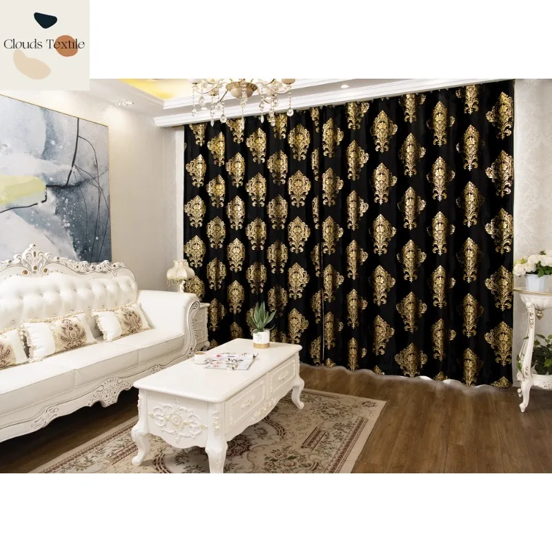 Custom  Size！！European Blackout Luxury Golden Rich Flower Gold-plated Black Velvet Curtains for Living Dining Room Bedroom Decor