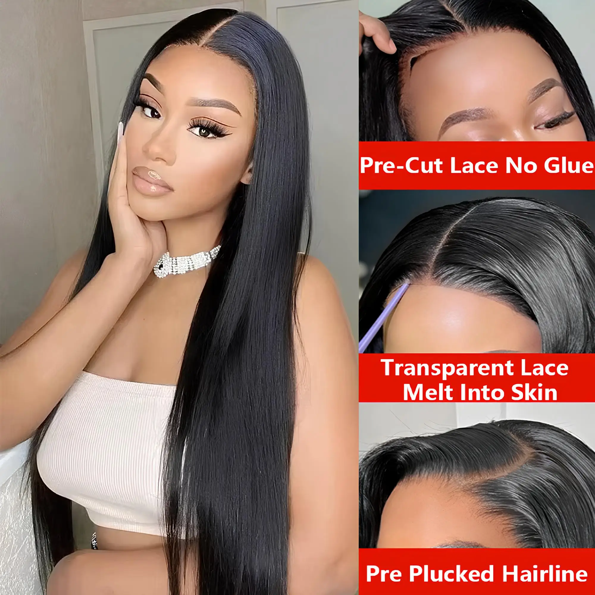 

Natural Color Bone Straight Pre Cut 5x5 4x4 Lace Wear And Go Glueless Closure Wigs 100% Human Hair Glueless Wig For Women