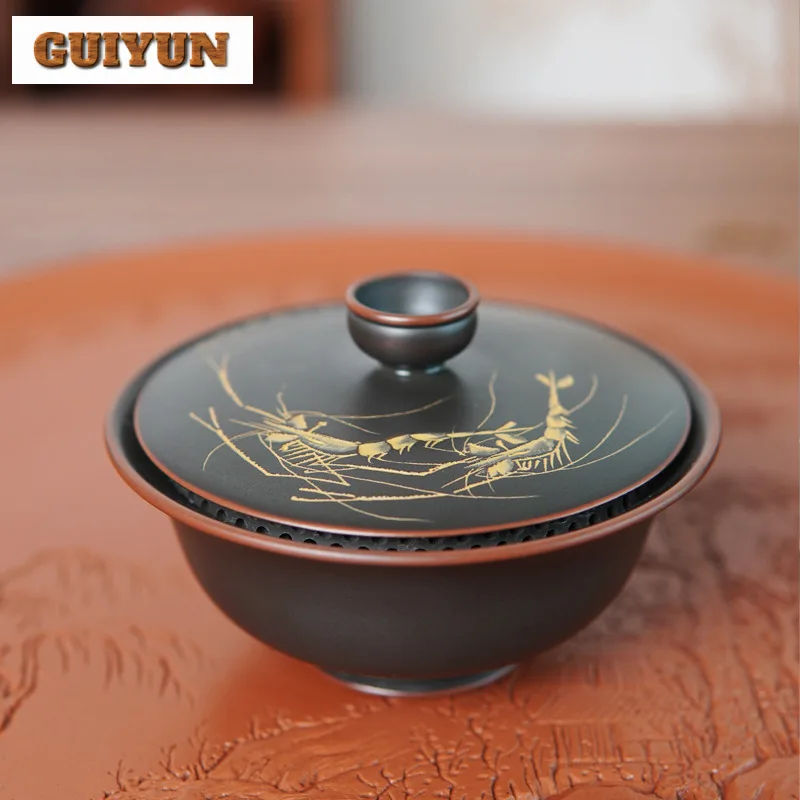 100ml Qinzhou Nixing Pottery Gaiwan Master Handmade Shrimp Play Tea Tureen Stone Carving Cover Bowl Full Hole Filter Lid Tea Set