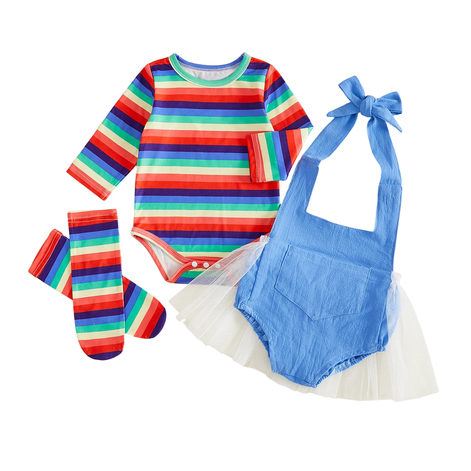 Baby Girl Fall Outfits Long Sleeve Rainbow Striped Bodysuit Skort Stockings