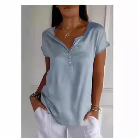 여성 반팔 티셔츠 탑 패션 캐주얼 솔리드 V 넥 풀오버 버튼 티셔츠 여성용 여름 새 여성 의류