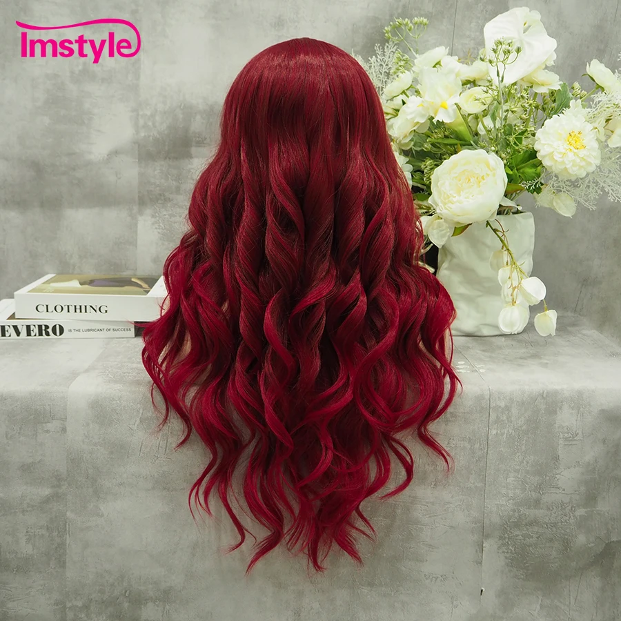 Imstyle Red Wig Synthetic Lace Front Wig Water Wave Long Lace Wigs For Women Heat Resistant Fiber Synthetic Cosplay Wigs
