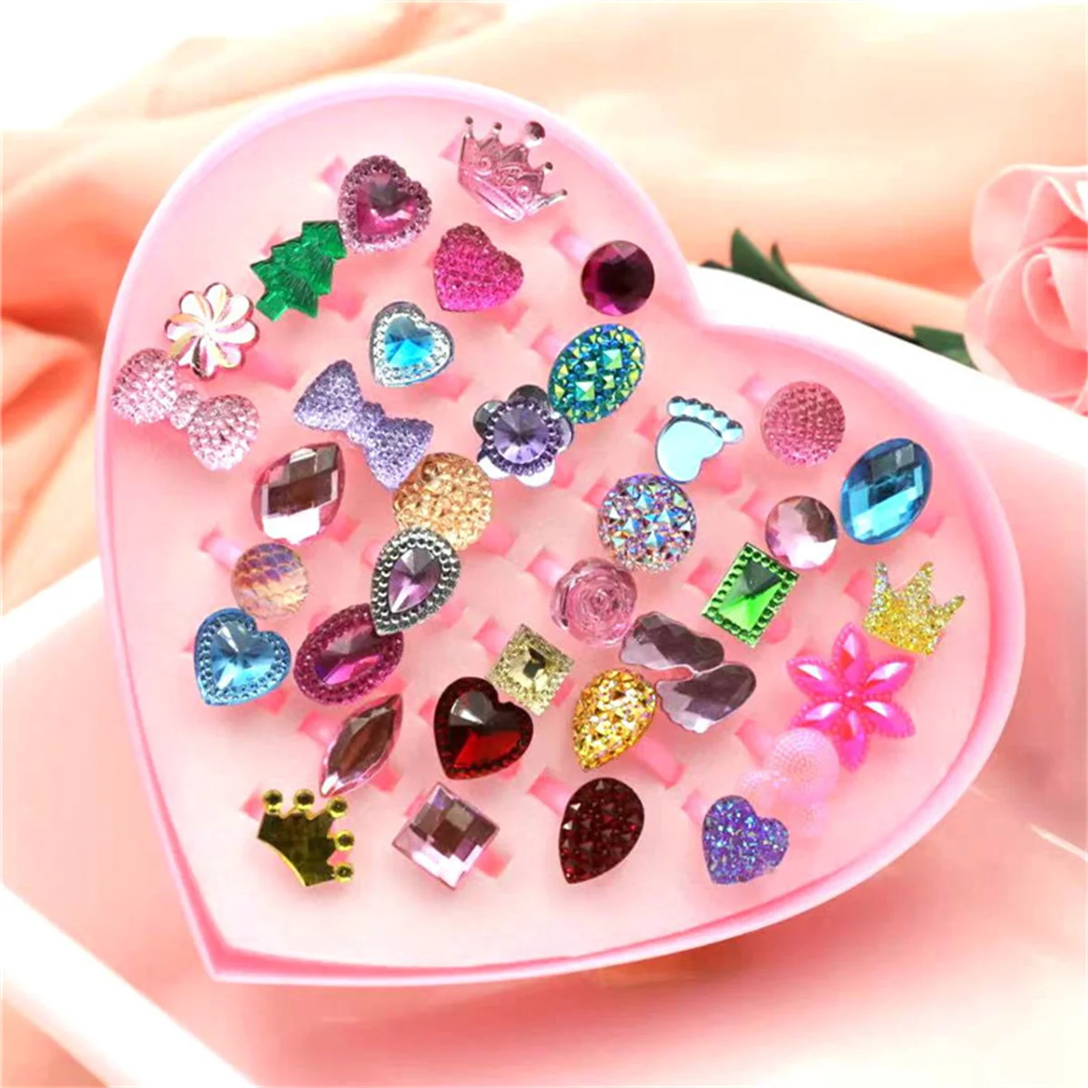 36pcs/Lot Wholesale Child Open Design Resin Candy Flower Finger Rings Plastic Pink Kid Ring Children Party Gifts Birthday Girls