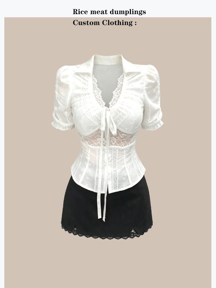 

Korean Style Sweet Wild Dream Pure Desire Hollow out White Lace Shirt Lace Splicing Half Skirt Fashionable Summer Outfit Set