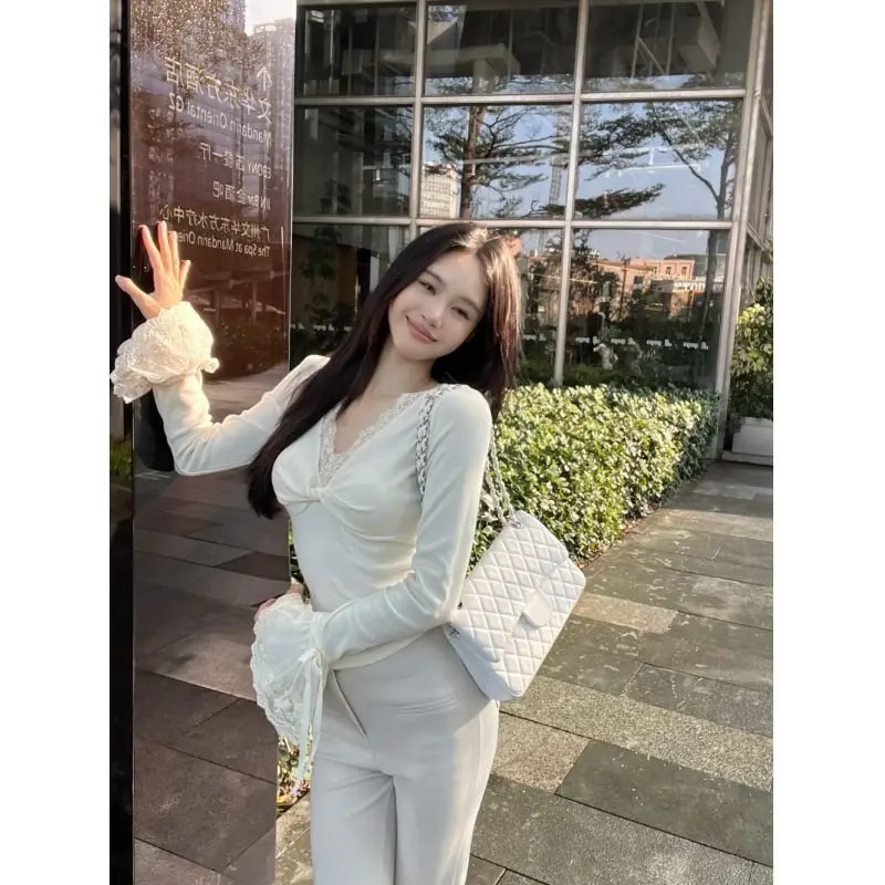 

Princ Sle Long Sve V-Ne T-irt Women's Base Layer irt Lace Trim Button oulder High Pure Desire Warmth Inner Wear