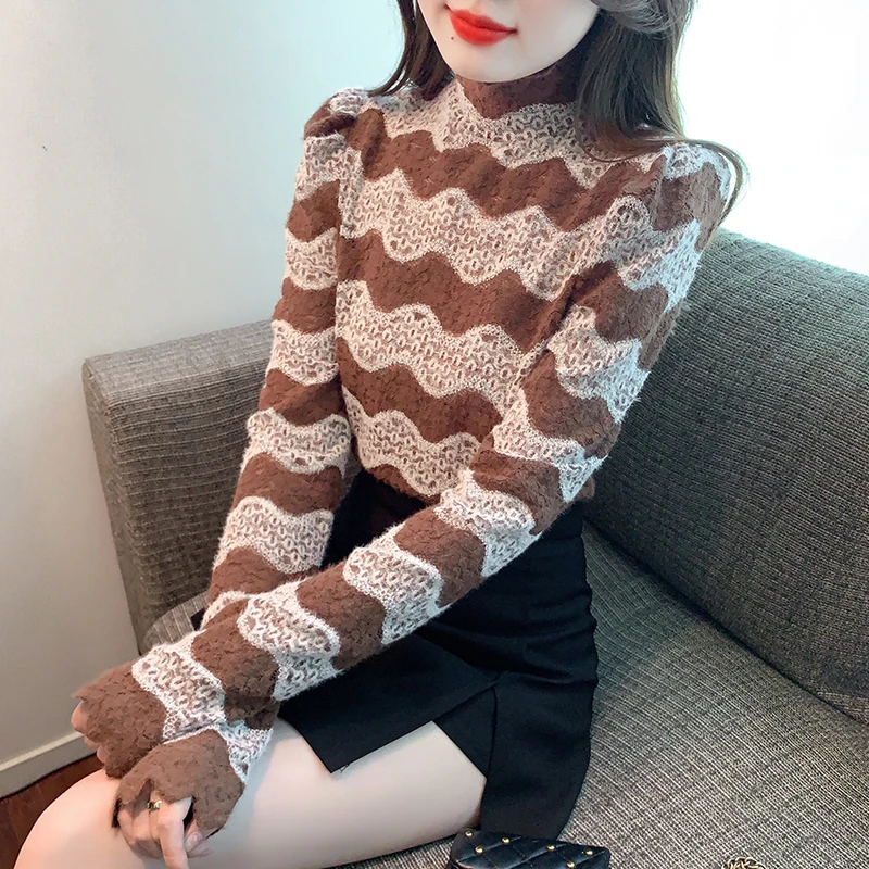 

Fashion Elegant Women Slim Hollow High Collar T-Shirts Long Sleeve BottomTops Unique Trendy Ladies 2023 Autumn Winter New