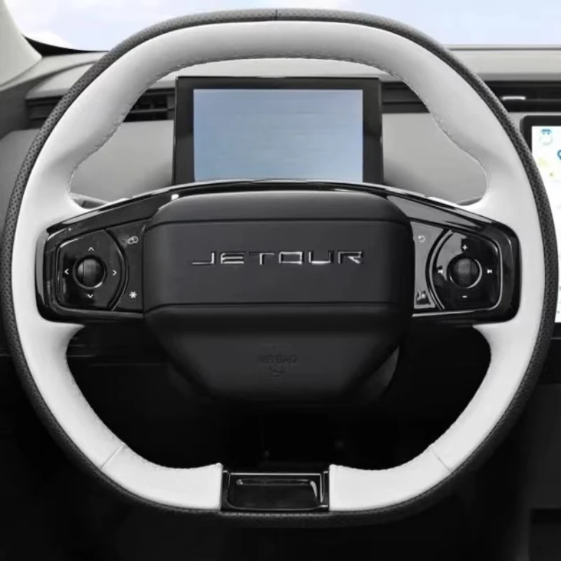 

For Chery Jetour Dashing 2022-2025 Hand Stitched Black white Genuine Leather Car Steering Wheel Cover