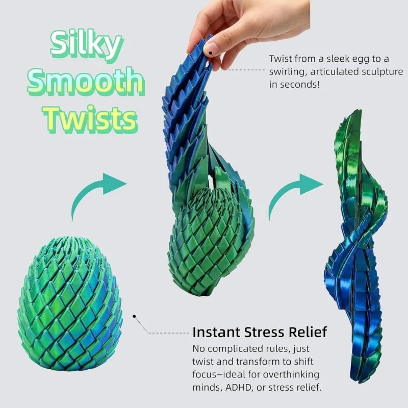 3D Printed Fidget Toy, Twisty Slippery Egg Stress Relief Sensory Desk Toy for Adults and ADHD, Focus Anxiety Relief Pocket Toy