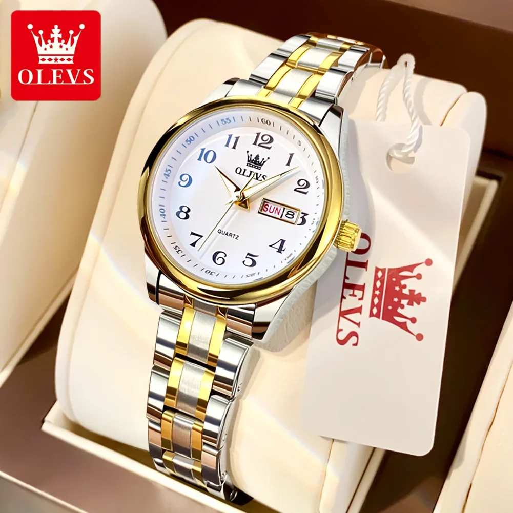 OLEVS Women's Quartz Watch Luxury Stainless Steel Waterproof Ladies Wristwatch Date Display Elegant Fashion Business Style Watch