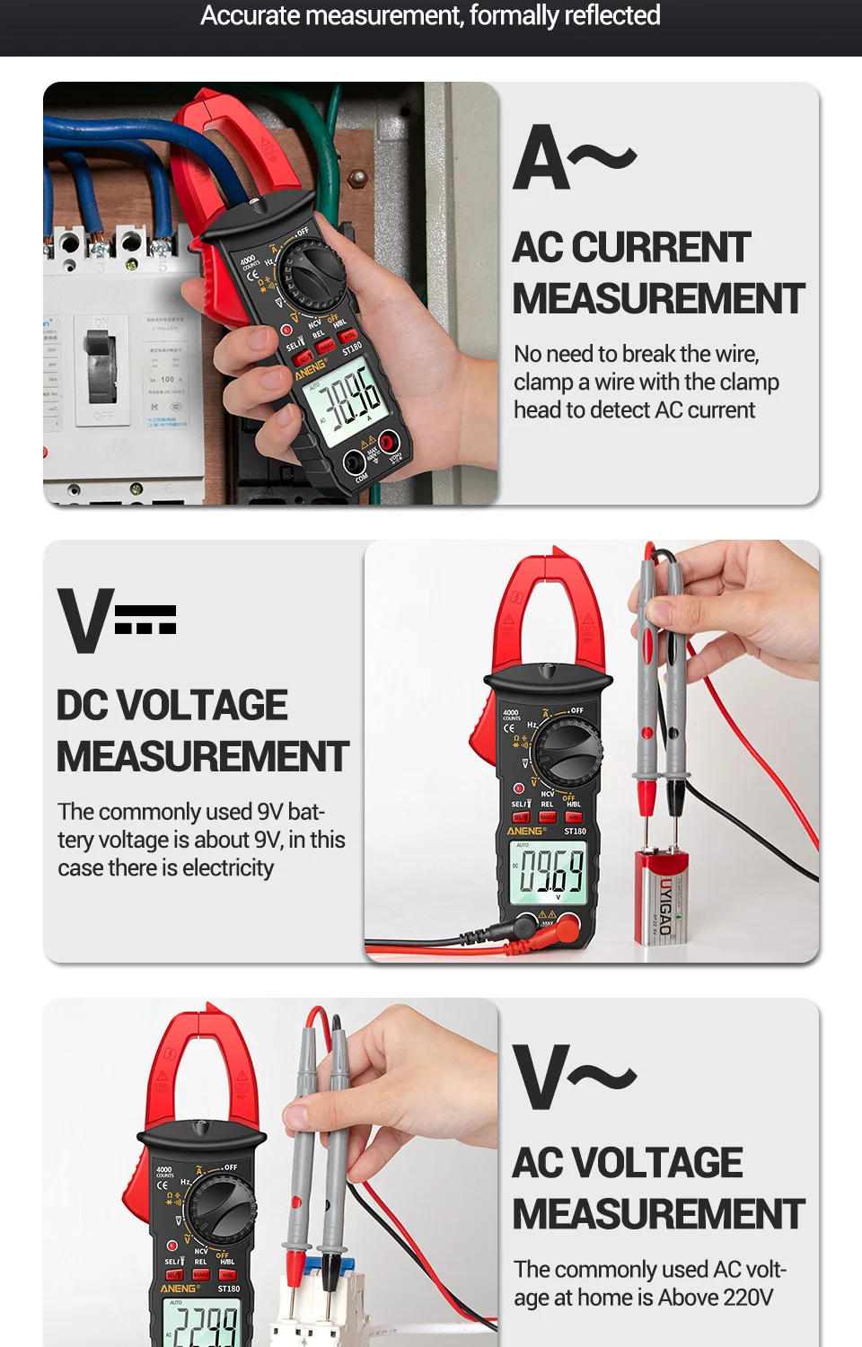 ANENG ST180 + B15 Zangenmessgerät, Tester, Stiftanzug, 4000 Zählungen, Multimeter, 30–1000 V, Spannungsdetektor, Messgerät, Diagnose-Haltepunkt-Finder – Detail 7