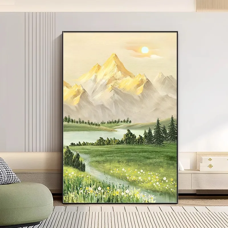 Sunshine Golden Mountain Farmhouse Style Original Oil Landscape Silk Screen Printed Decorative Painting Living Room Sofa