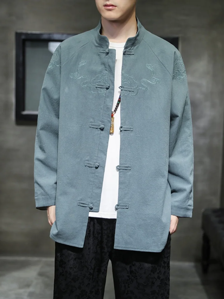 

New Chinese Sle Men's Jaet Dad Coat Spring Faion Embroidery Button Loose Fit Breathable Long Sve Stand Collar Outerwear
