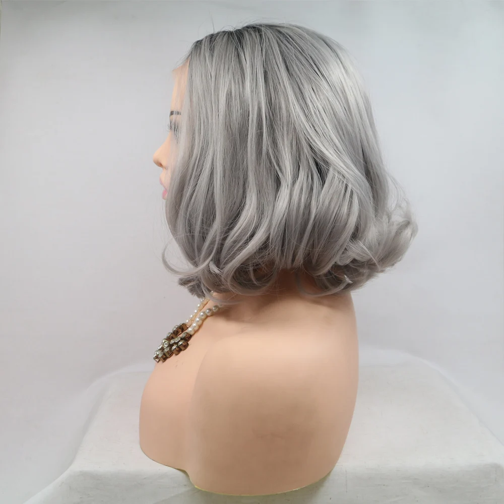 Melody Short Bob Wig Ombre Grey Lace Front Wig with Drak Roots Hair Heat Resistant Fiber for Women Cosplay 14inches